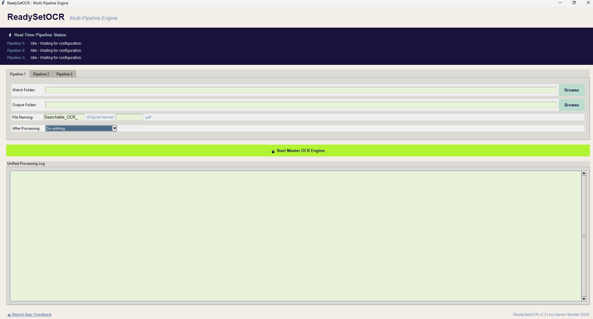 ReadySetOCR Windows interface for live hot-folder optical character recognition with CSV and TXT export