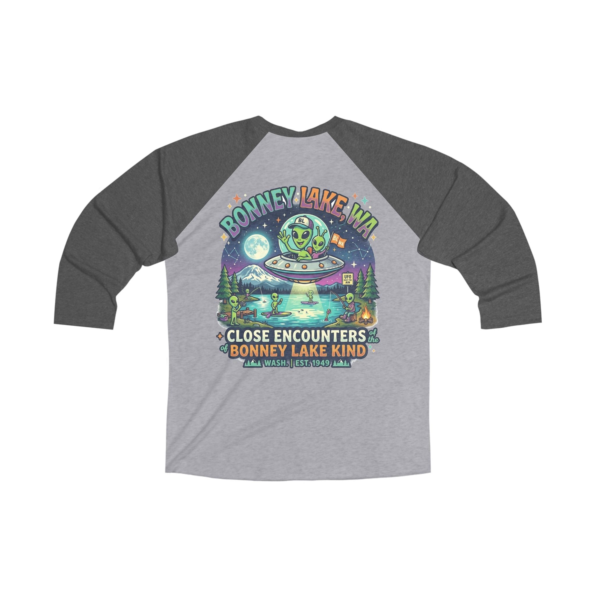 Bonney Lake WA Raglan Tee — “Close Encounters” UFO Graphic 3/4 Sleeve