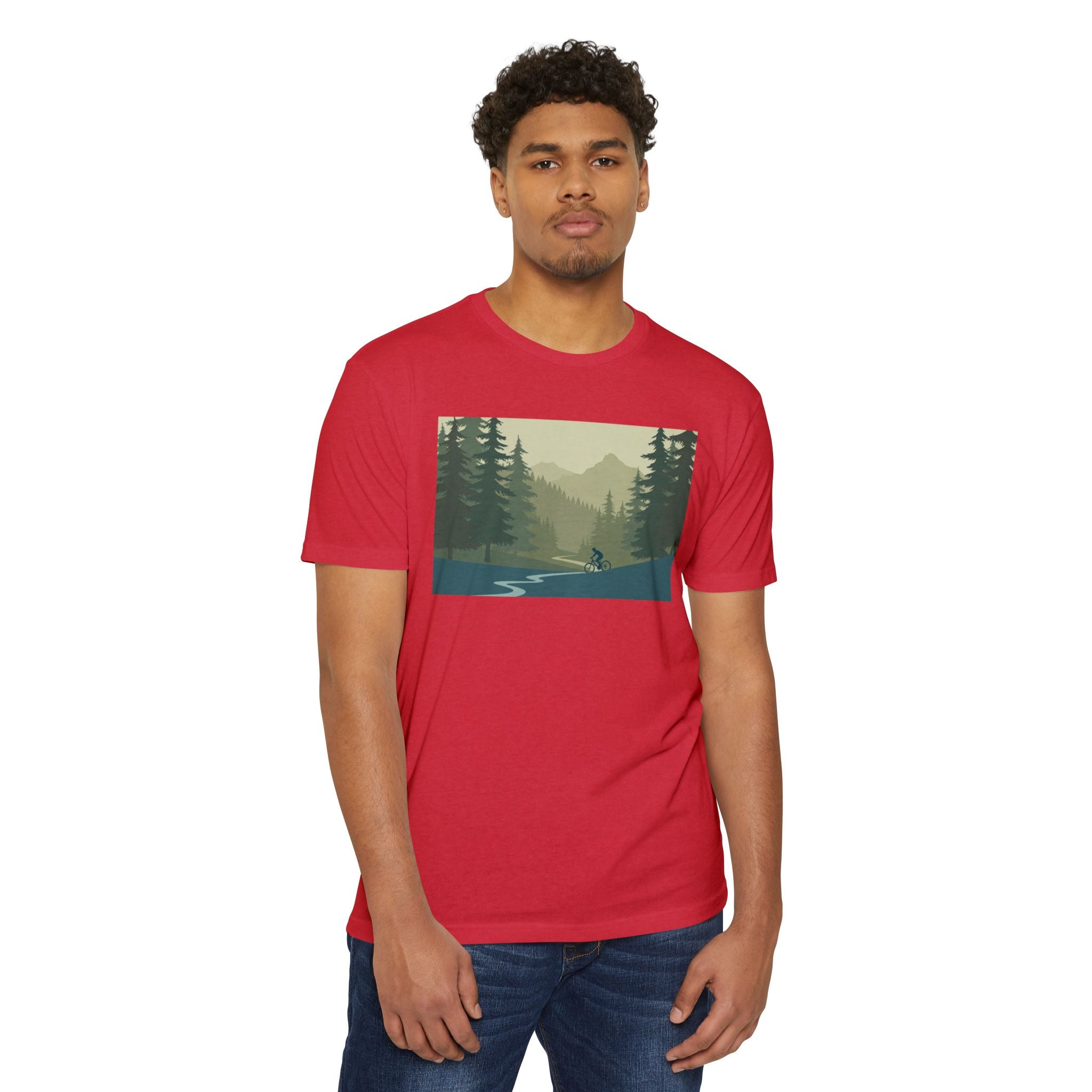 Mountain Biking Graphic T-Shirt — Scenic Forest Trail Design